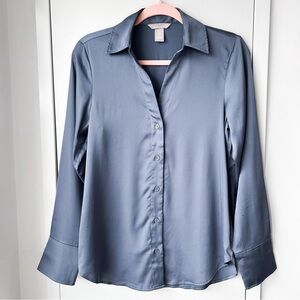 Blue satin button down blouse